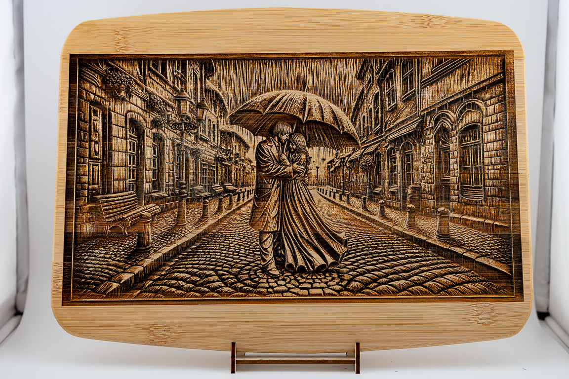 Couple walking in rain cutting board - Bern Laser Works